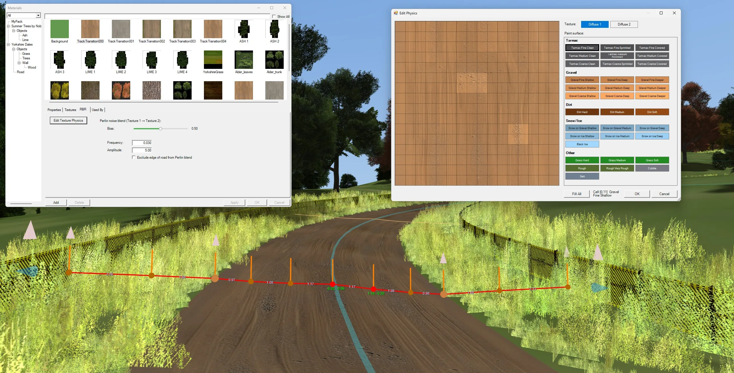 A gravel rally stage with the Richard Burns Rally surface physics editor open