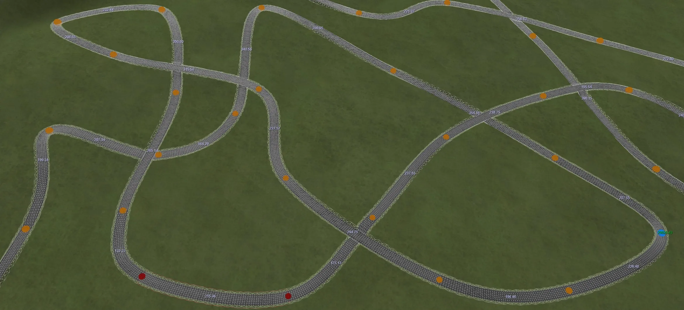 Two roads merging at an intersection, blended into grassy terrain